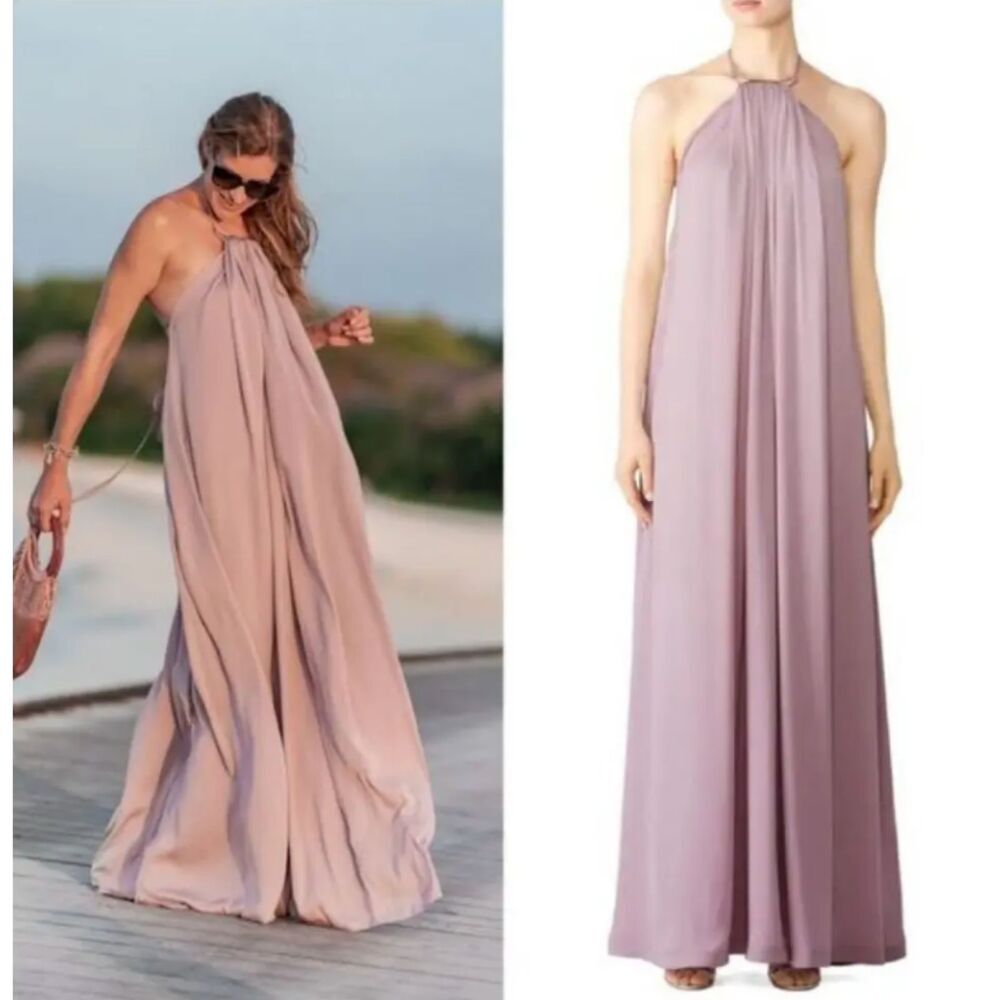 KAUFMANFRANCO Violet‎ Halter Maxi Dress Chiffon Grecian Purple Lavender Sz Small